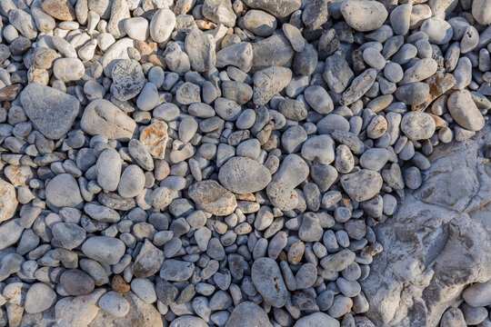 Close-up of light-colored smooth and rounded pebbles and small rocks scattered on the beach on a sunny day, viewed from above. Abstract natural travel, vacation and summer background.