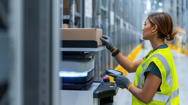 Warehouse worker scanning cardboard box on autonomous mobile robot cart in modern logistics center with high shelves and blue storage racks