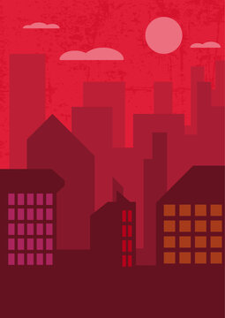 Aesthetic minimalist vector illustration of a city skyline with buildings and skyscrapers under a pink full moon red sunset sky, perfect for urban architecture concept design.