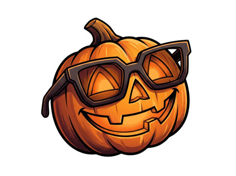 A cool glowing jack o lantern pumpkin character wearing black glasses isolated on a solid black background