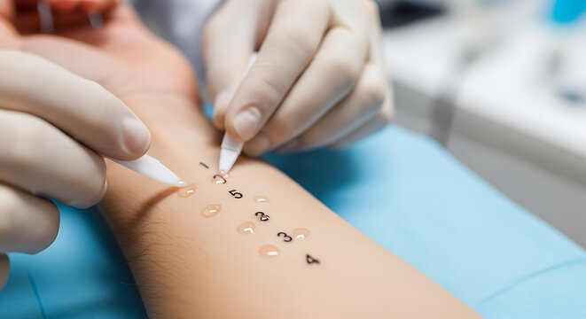 Healthcare professional performing allergy skin prick test on patient forearm