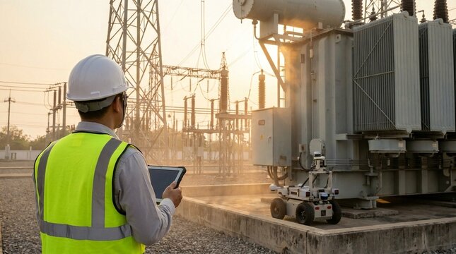 Electrical engineer inspecting a power substation with a robotic inspection unit and tablet.