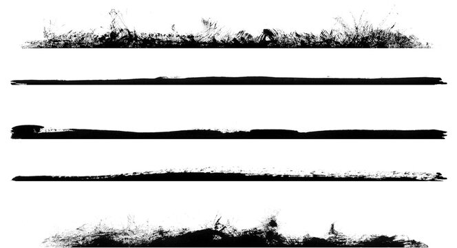 Set of black grass silhouettes and rough grunge brush strokes for nature design borders and creative graphic texture elements on a plain surface