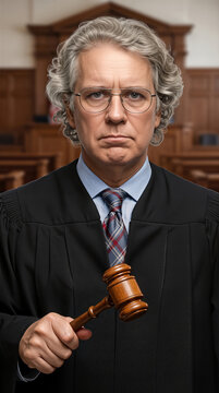 Serious judge in black robe holding wooden gavel in a courtroom