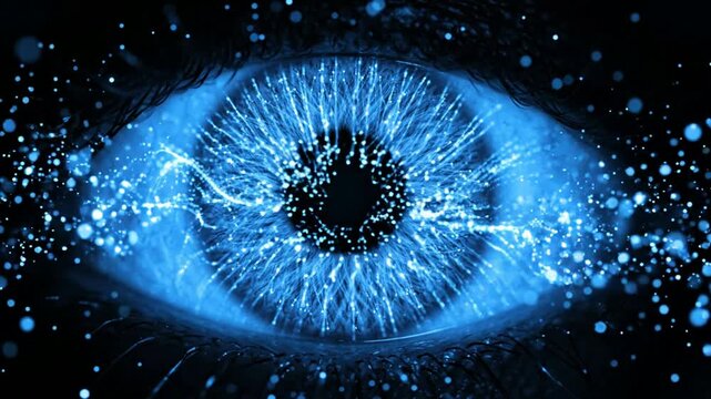 Futuristic human eye with glowing blue neural network data particles and digital energy waves iris vision