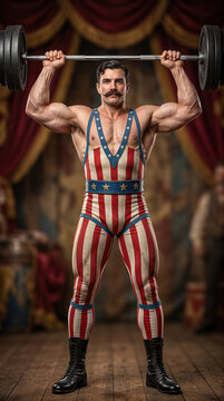 Strongman holding heavy barbell in vintage circus costume from 19th century