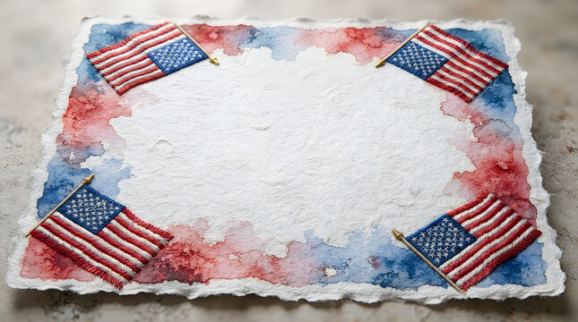 American flag design with watercolor splash border and copy space for text