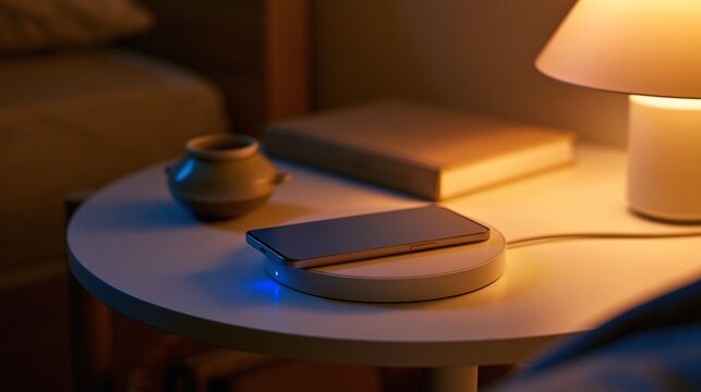 Smartphone resting on a wireless charging pad on a bedside table in warm ambient evening light