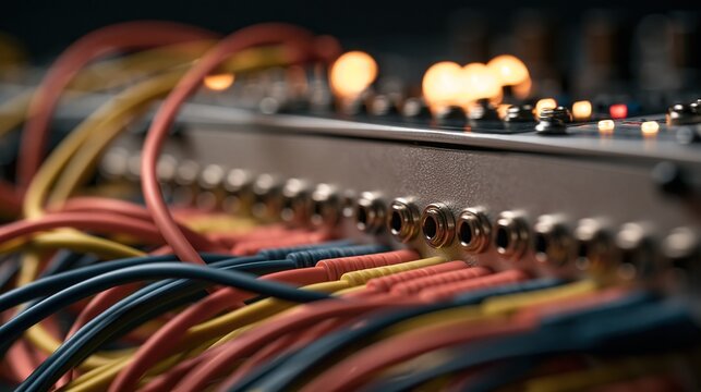 Colorful patch cables plugged into a modular synthesizer patchbay in a dark studio environment