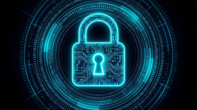 Glowing digital padlock icon with binary code circles on a dark background representing cybersecurity