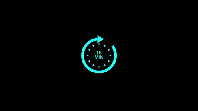 Timer 15 minutes countdown clock with circular arrow on Black background video animation...
