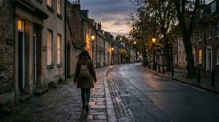 Obraz premium A solitary woman walks along a quiet cobblestone street illuminated by street lamps during twilight in a historic town