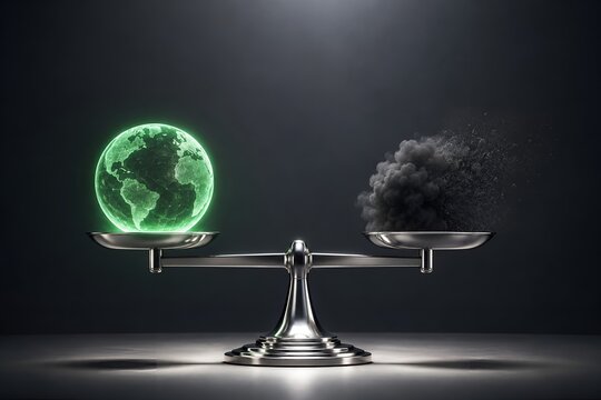 Net Zero ESG Concept with Green Earth and Carbon Cloud on Titanium Balance Scale