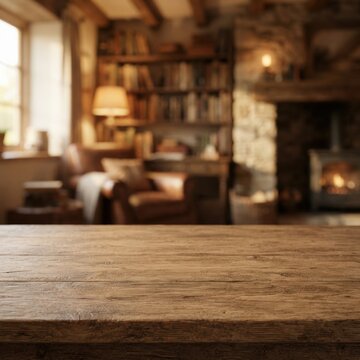 Warm wooden table texture showcasing a blurred cozy living room with fireplace and bookshelf perfect for home decor inspiration, website backgrounds, and interior design projects.