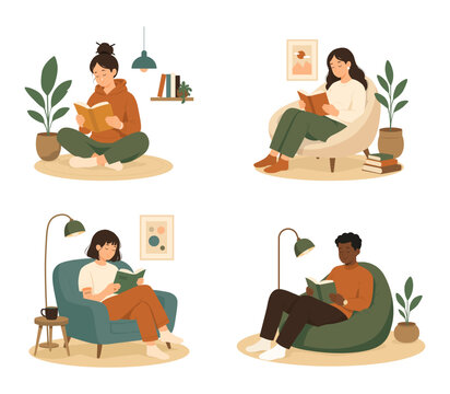 Set of four people reading books while sitting in chairs or on the floor in cozy home interiors with lamps and plants. Vector illustration