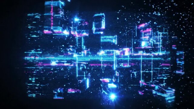 Digital glitch abstract background, with neon blue, data distortion and, cyberpunk particle effects