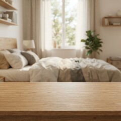 Fototapeta premium Bright minimalist bedroom with natural light featuring a neatly made bed, wooden tabletop, and soft decor perfect for home staging, real estate marketing, or lifestyle content.