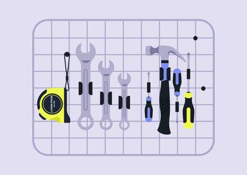 A variety of tools sits orderly on a grid, ready for everyday tasks, This set features wrenches, screwdrivers, and a tape measure, symbolizing preparation for home maintenance.