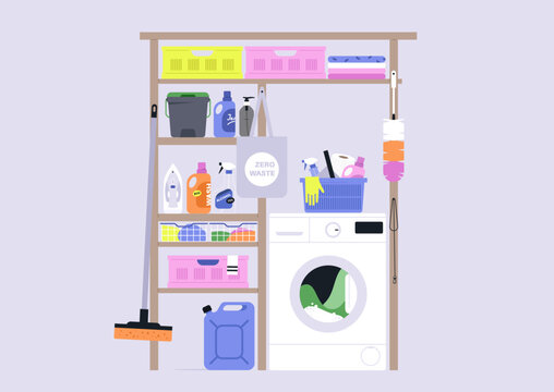 Bright cleaning supplies sit organized on shelves beside a washing machine, creating a cheerful and inviting laundry corner, Everything shines in pastel hues, inspiring cleanliness and order.