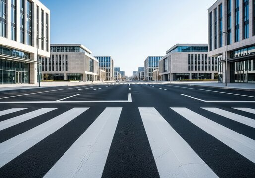 Symmetry defines this frontal view of a wide asphalt road with a bold white pedestrian crossing. Clean urban architecture lines the sides, space, pavement, way