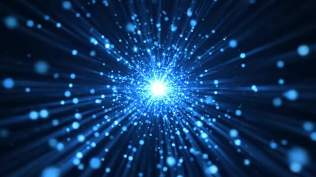 Blue abstract particle explosion background, glowing light rays and digital bokeh particles, motion loop