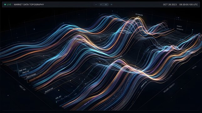 Abstract financial market data visualization showing complex glowing digital waves with vibrant blue and orange hues on dark display screen