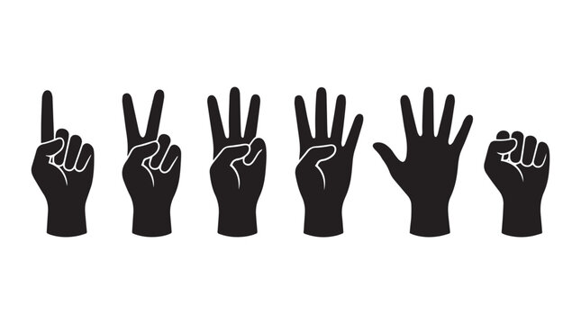 Finger Counting Hand Gestures Sihouette Set, Black silhouette counting fingers set, Human hand signals and palm symbols vector collection, signals, palm, vector, symbols, set, collection, black