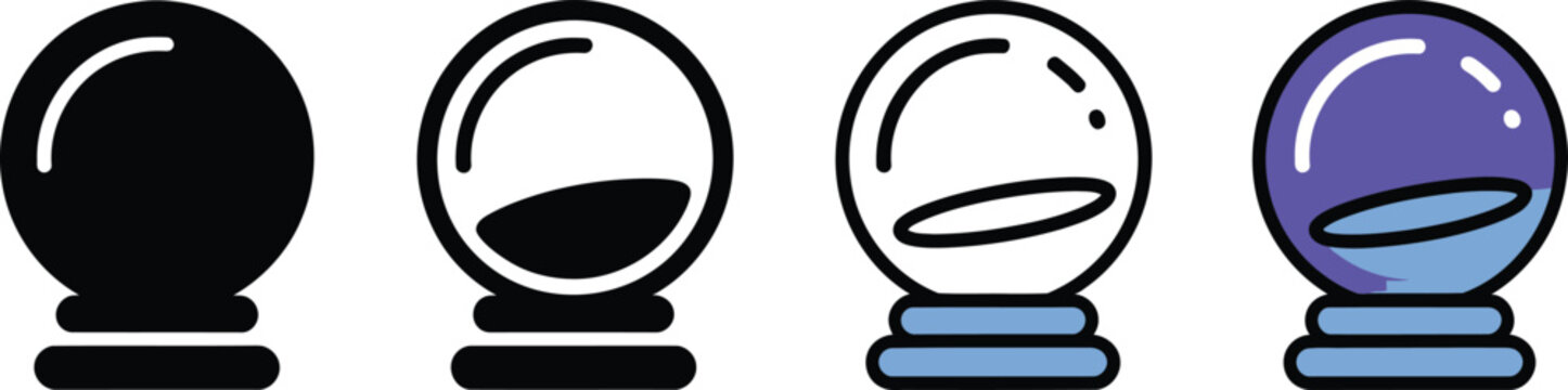 Magic crystal ball icon set, mystical fortune teller globe, 4 vector symbols Editable Vector