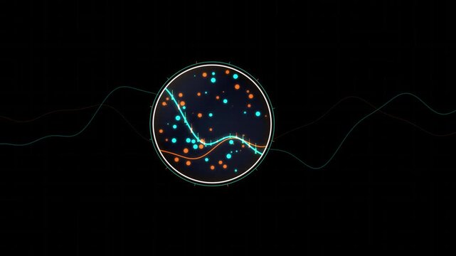 Animated particle system in circular container with wavy lines. Abstract geometric design for technology backgrounds. Glowing dots connected by thin curves in dark space
