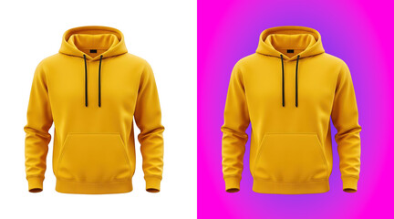 A bright yellow hooded sweatshirt with long sleeves and a front pocket, isolated on a white background, for clear apparel product © Rd