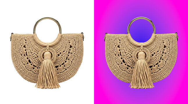 A beige woven straw handbag with a circular handle and a decorative tassel, isolated on a white background, showing intricate knit patterns