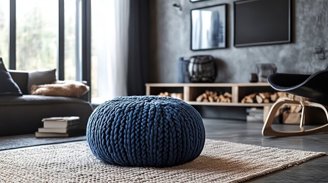 A soft, oversized knitted pouf in a beautiful blue hue stands out in a stylish living room. The inviting atmosphere is completed by natural light streaming through large windows