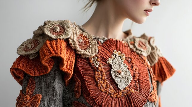 In a softly lit studio, a model gracefully displays a beautifully crafted knitted top. The vibrant embroidered details add elegance and charm, highlighting creativity and craftsmanship in fashion