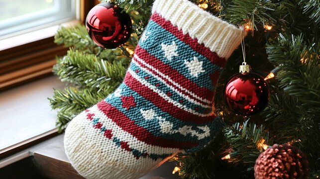 A cozy scene reveals a lovely holiday stocking adorned with vibrant patterns. Knitting needles are busy crafting this festive piece near a window, surrounded by bright ornaments