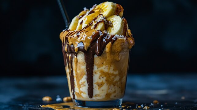 Savor the rich blend of a protein shake featuring ripe banana and smooth peanut butter, drizzled with chocolate. Perfect for energizing any morning or post-workout session