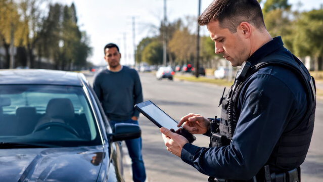 Police Officer Using Tablet Beside Stopped Car for Digital Identity Verification and Immigration Enforcement 