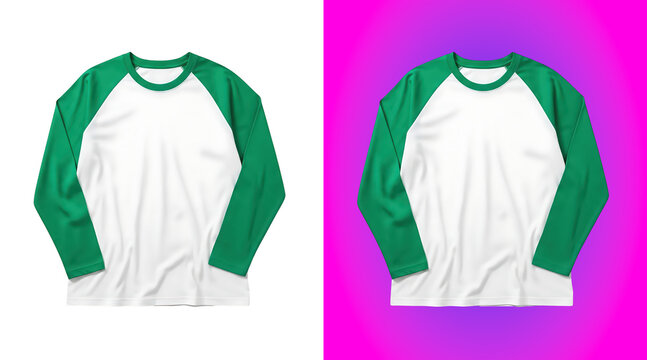 A long-sleeved baseball style t-shirt with a white torso and green sleeves, isolated on a white background, featuring a classic crew neckline