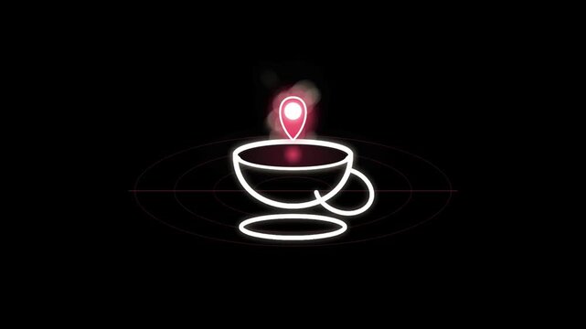 Futuristic neon cupping coffee cup with glowing navigation pin marker, high-tech beverage concept, modern vector illustration, digital interface design element, cyberpunk style