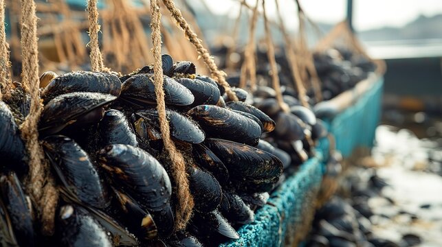 At a bustling seafood farm, ropes hang heavy with glistening mussels, swaying gently in the water's embrace, capturing the essence of marine life and sustainable harvesting