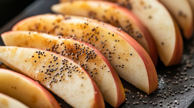 Fresh apple slices sit elegantly on a dark plate, topped with creamy almond butter and sprinkled with tiny chia seeds. This healthy snack is inviting and colorful, perfect for any time of day