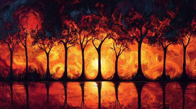 Tall trees stand in silhouette, framed by a fiery sunset that paints the sky in vibrant hues. The tranquil reflection glimmers, capturing the day's end in nature's canvas