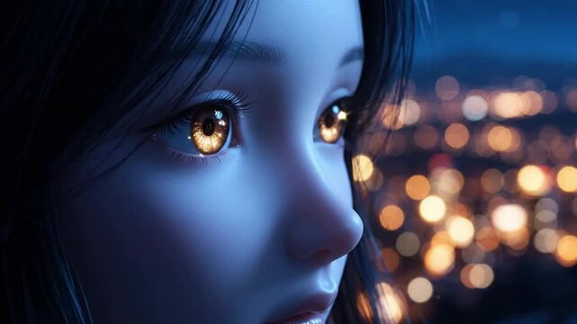 Close-up of young woman opening eyes with glowing magical sparkles, cinematic night city bokeh background, fantasy concept