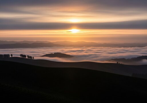 Sunrise over rolling hills with a sea of clouds and silhouettes of pine trees in the morning light
