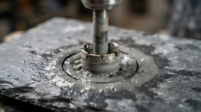 Close-up of a diamond core drill bit drilling a circular hole in a dark grey slate stone tile with water cooling