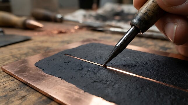 Engraver at work carving a detailed line into a copper plate covered with dark ground for printmaking and metalcraft