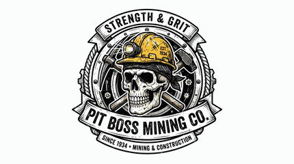 Fototapeta premium Vintage Style Pit Boss Mining Co. Logo Featuring a Skull with Hard Hat