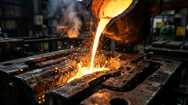 Molten metal pouring from industrial furnace in factory 1.