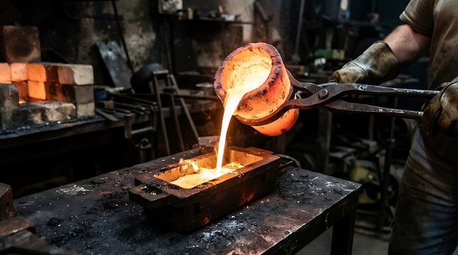 Industrial foundry worker pouring molten metal into a mold in a professional metalworking workshop facility