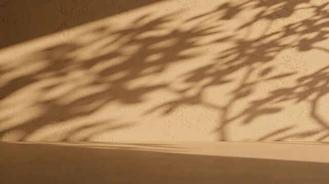 Minimalist beige wall background, with moving tree, leaf shadows for, product display and, aesthetic interior