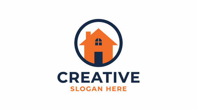 A modern logo design featuring a house and bold text, ideal for real estate businesses. It represents creativity and professionalism in property marketing and branding.